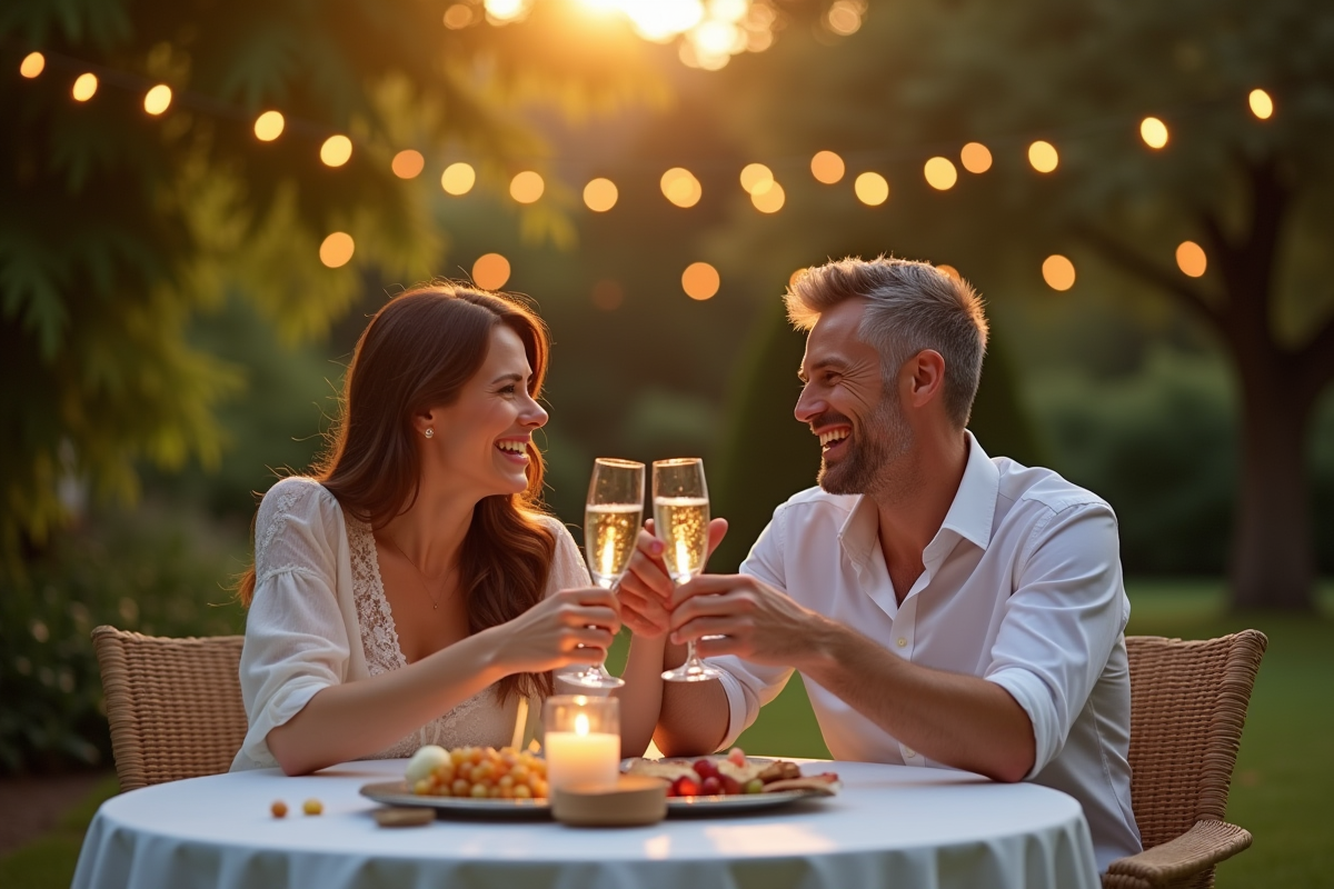 Couple marié riant et trinquant avec champagne en plein air