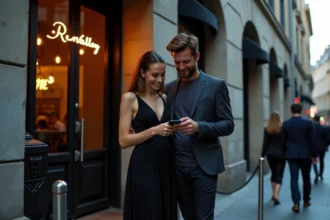 Couple élégant devant l'entrée d'une boîte de nuit moderne à Lille, consultant leur téléphone avant d'entrer au Joy Club