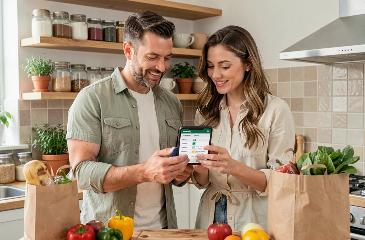 Couple planifiant ensemble leur menu de la semaine sur smartphone avec des courses en ligne livrées à domicile depuis Carrefour