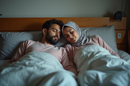 Couple musulman paisible allongé sur le lit avec Quran