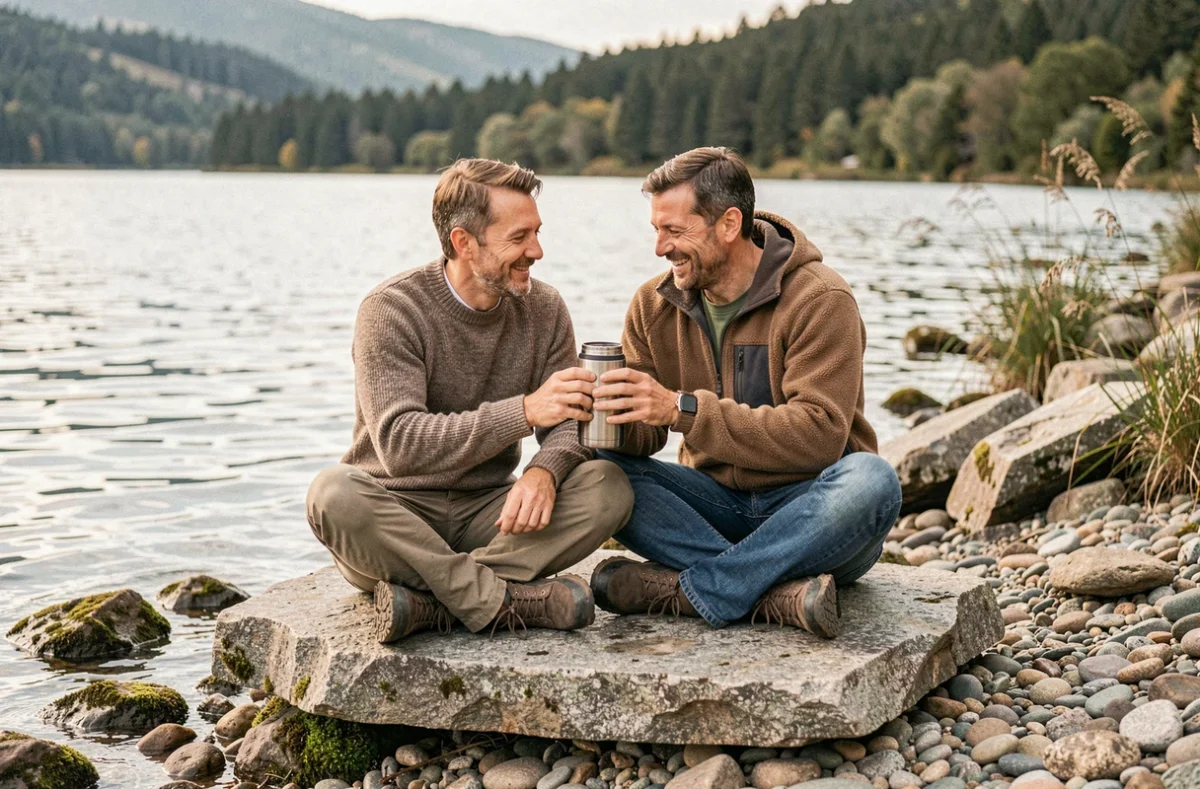 Couple profitant d'un moment de détente sur les rives rocheuses du lac de Vassivière avec une vue sur la forêt