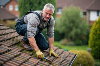 Couvreur middleaged nettoyant un toit en tuiles avec brosse