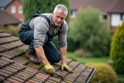 Couvreur middleaged nettoyant un toit en tuiles avec brosse