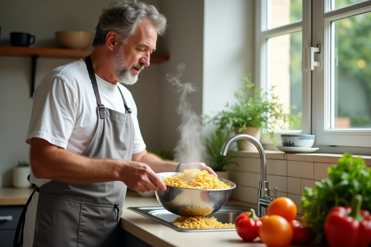 Homme drainant des pâtes dans une cuisine chaleureuse