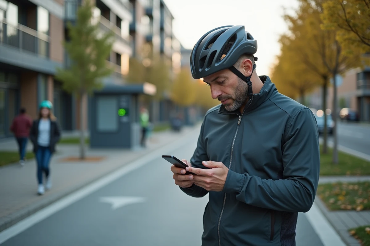 Cycliste masculin consultant son téléphone sur une piste cyclable moderne, illustrant la mobilité douce dans une ville idéale