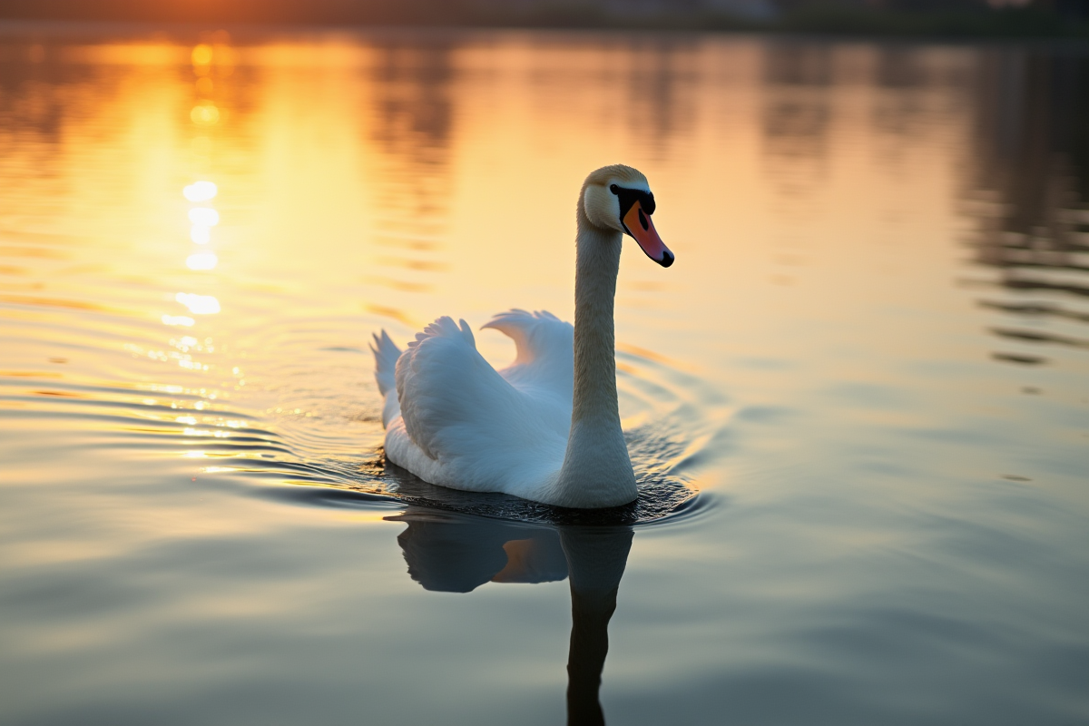 Cygne nageant sur un lac au lever du soleil