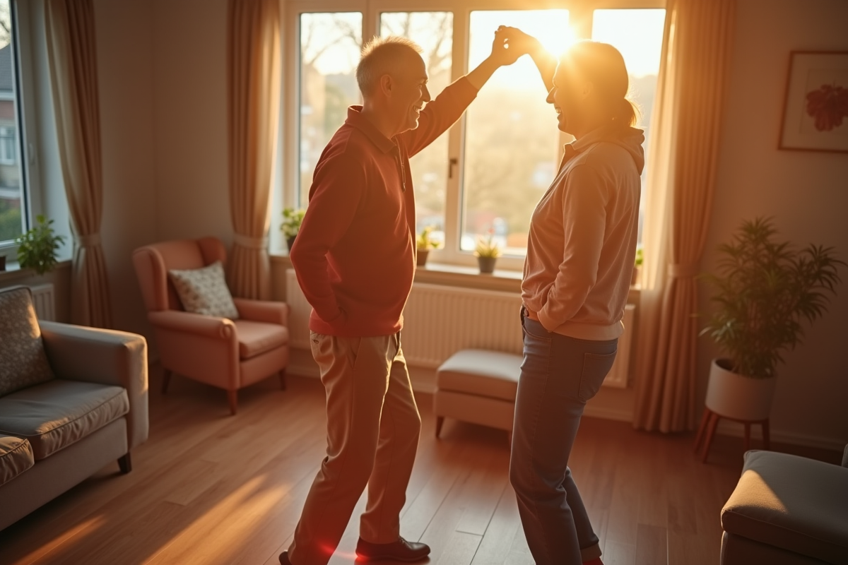 Couple mature dansant dans un salon lumineux