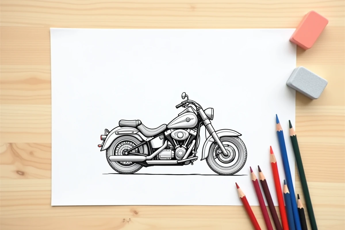 Vue de dessus d'un dessin de moto en noir et blanc imprimé en PDF prêt à être colorié avec des crayons de couleur sur une table en bois