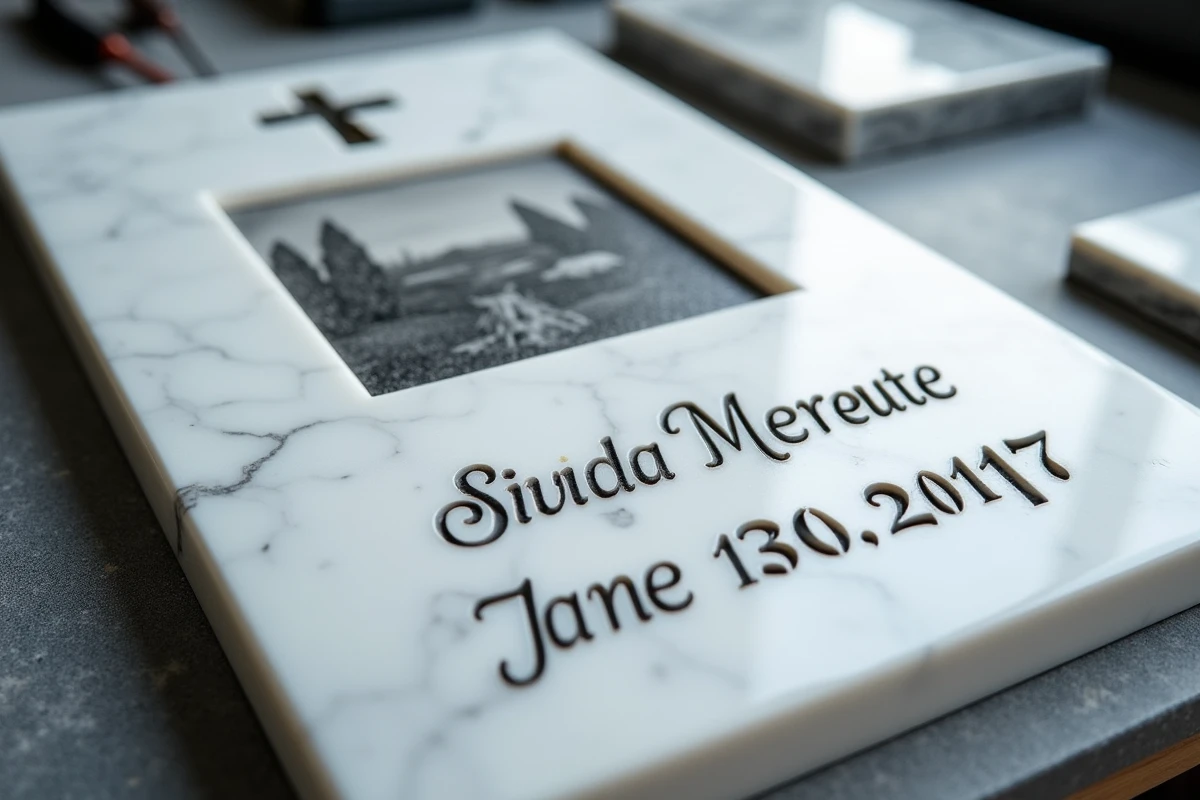 Détail d'une plaque funéraire en marbre blanc avec photo gravée, symbole religieux et lettrage personnalisé