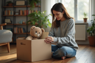 Femme déposant un ours en peluche et lettres dans une boîte