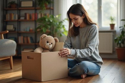 Femme déposant un ours en peluche et lettres dans une boîte