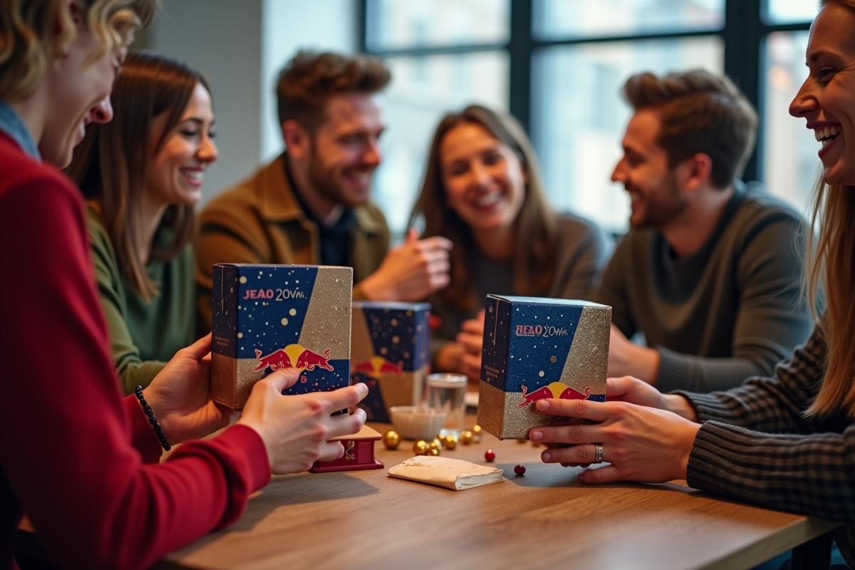Amis échangeant des calendriers Red Bull lors d