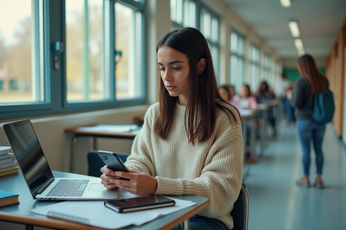 Eleve adolescente vérifiant son téléphone dans le couloir
