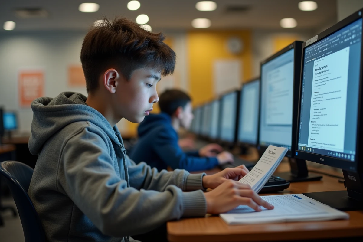 Élève adolescent concentré sur la rédaction d'un article Wikipedia en respectant les règles de nommage dans une salle informatique scolaire