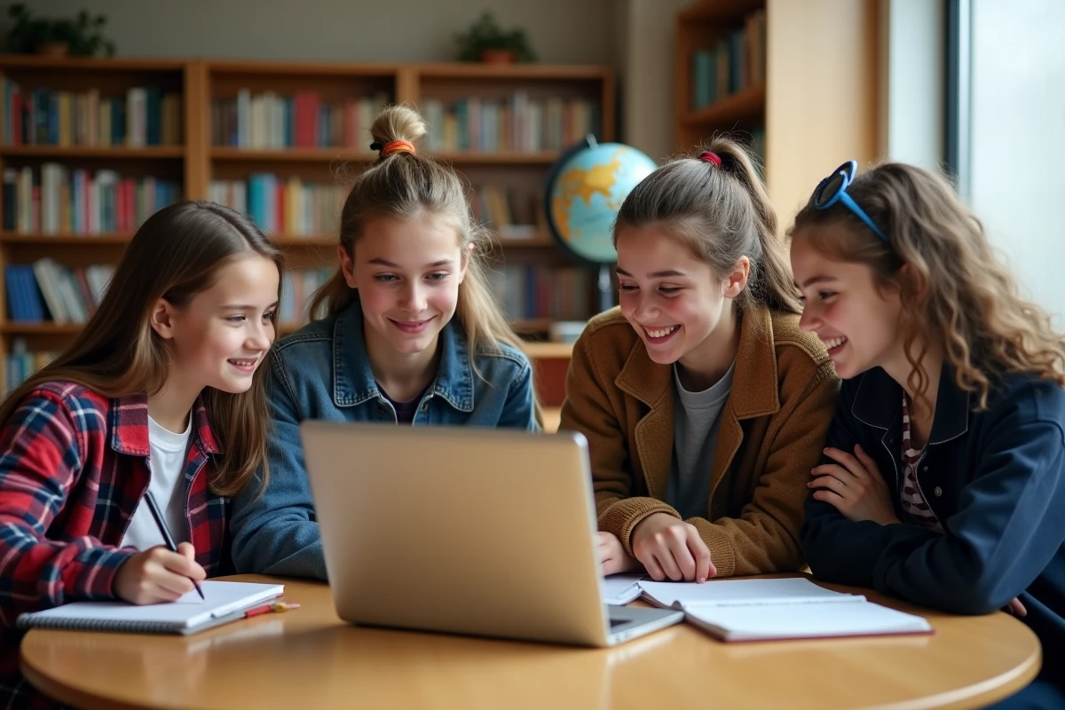 Groupe d'élèves collaborant autour d'un ordinateur portable dans une bibliothèque scolaire pour apprendre à nommer correctement des articles sur une encyclopédie en ligne