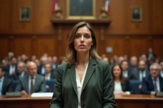Femme politique en blazer prenant la parole dans une salle de conseil municipal française, illustrant l'engagement local d'une élue