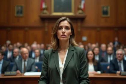 Femme politique en blazer prenant la parole dans une salle de conseil municipal française, illustrant l'engagement local d'une élue