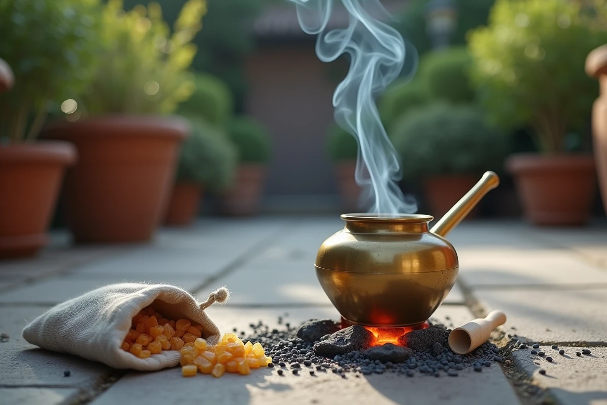 Encensoir en laiton brûlant de la résine de louban sur une terrasse en pierre avec un sachet d'oliban et une cuillère en bois
