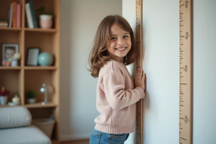 Jeune fille de 8 ans contre un mur à la maison