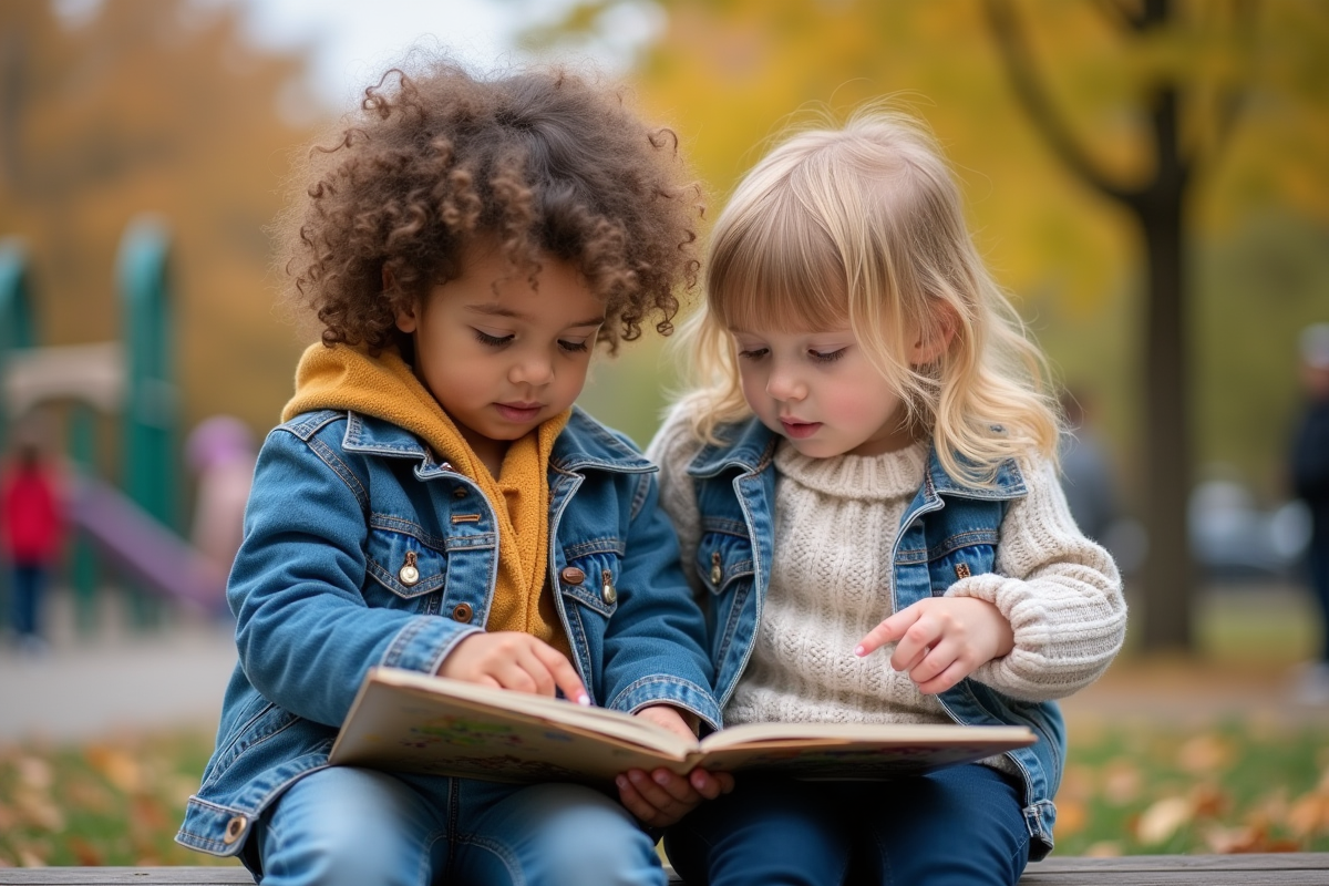 Deux enfants lisant un livre dans un parc en partageant leur curiosite