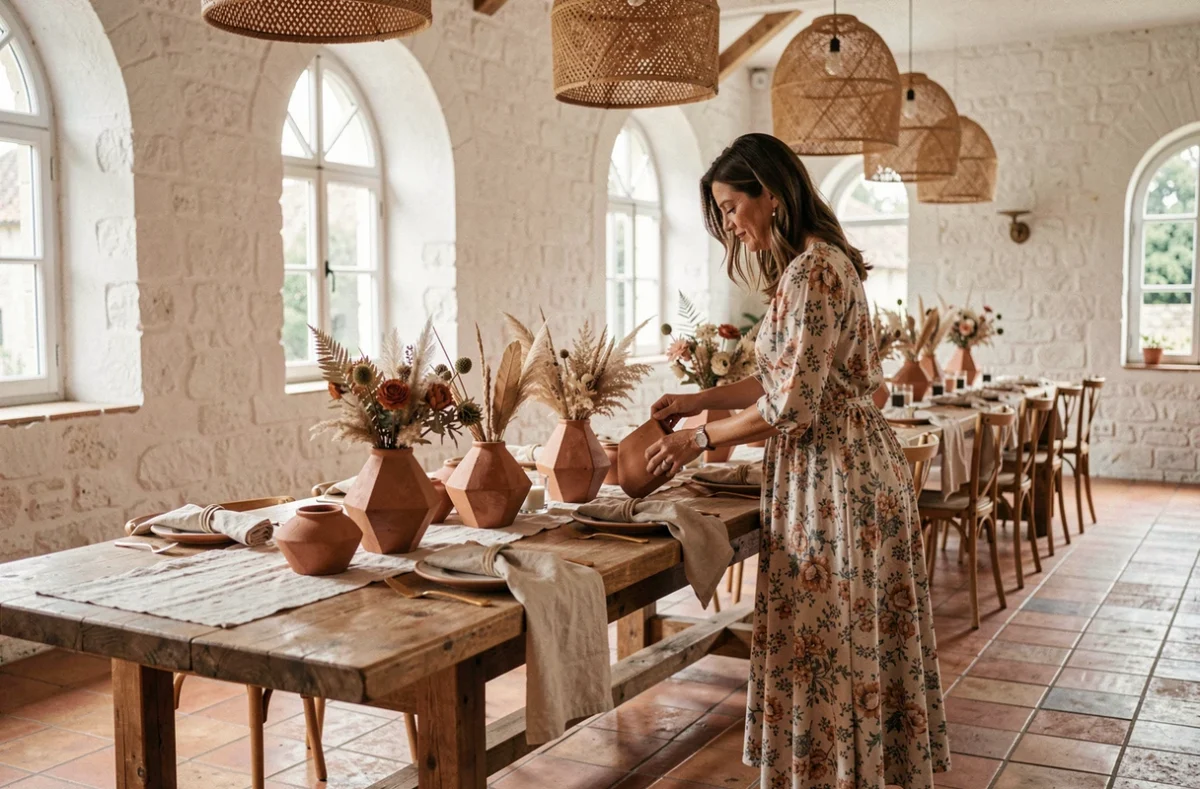 Designer et styliste d'Enjoya Events arrangeant un art de la table bohème dans un lieu de réception provençal
