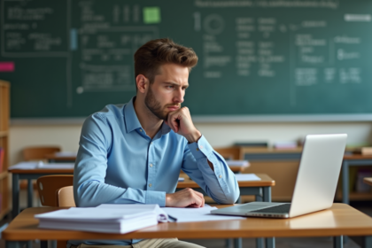 Jeune enseignant en classe analysant des essais étudiants