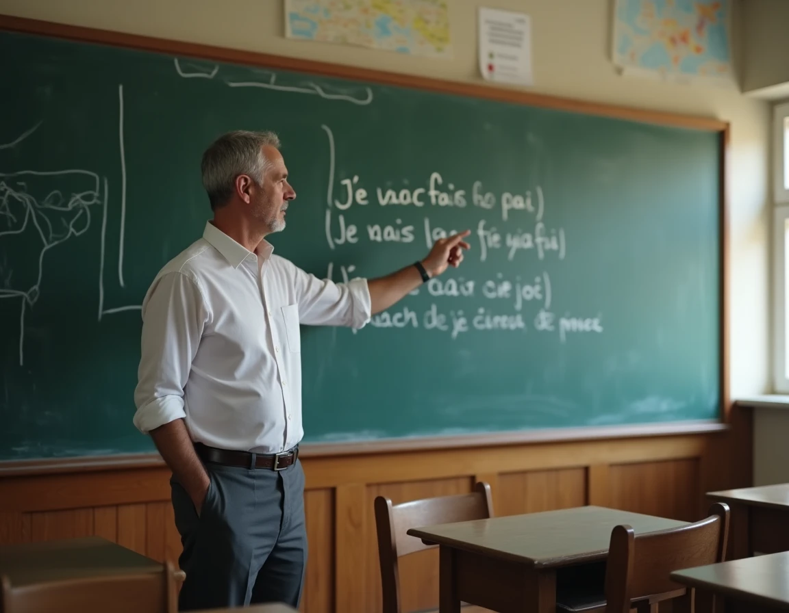 Enseignant expliquant la conjugaison du passé composé et de l'imparfait au tableau de classe