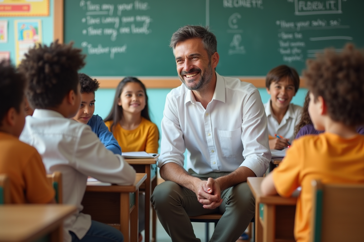 Enseignant avec élèves dans une classe colorée