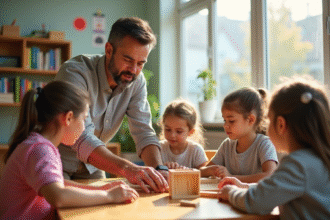Professeur guidant des enfants construisant une structure en bois