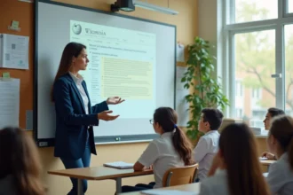 Enseignante expliquant les conventions de nommage d'une encyclopédie collaborative en ligne à ses élèves devant un tableau interactif en classe