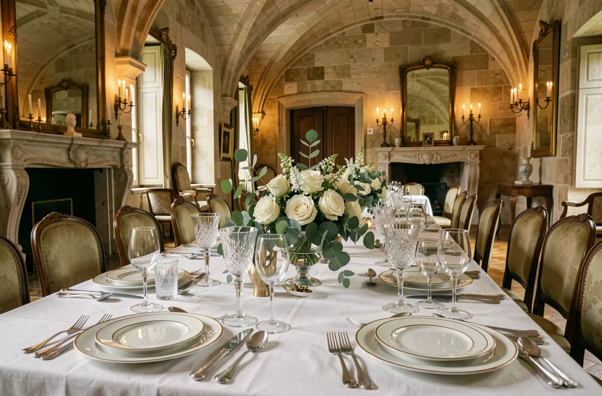 Table de réception somptueusement dressée par Entremet Reception dans un château français classique