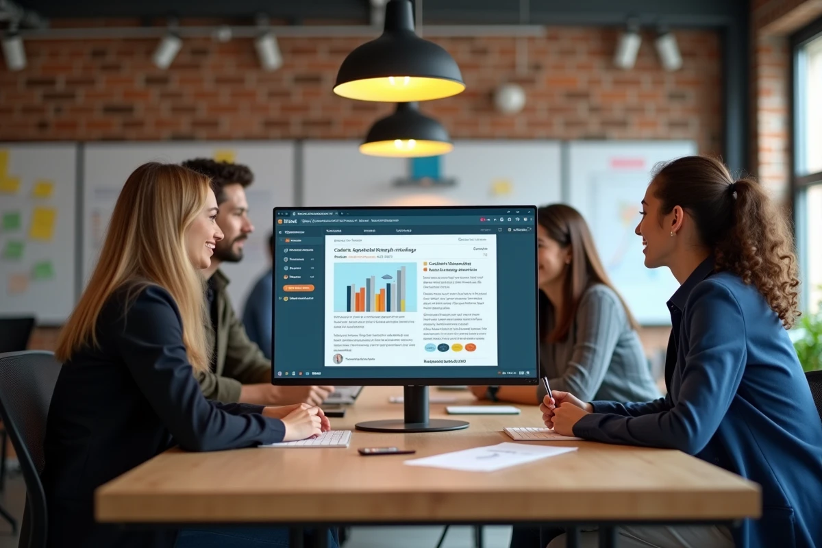 Équipe marketing collaborant autour d'un blog d'actualités digitales pour affiner leur stratégie de contenu en espace de coworking