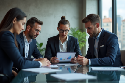 Groupe de comptables discutant avec tablette blockchain