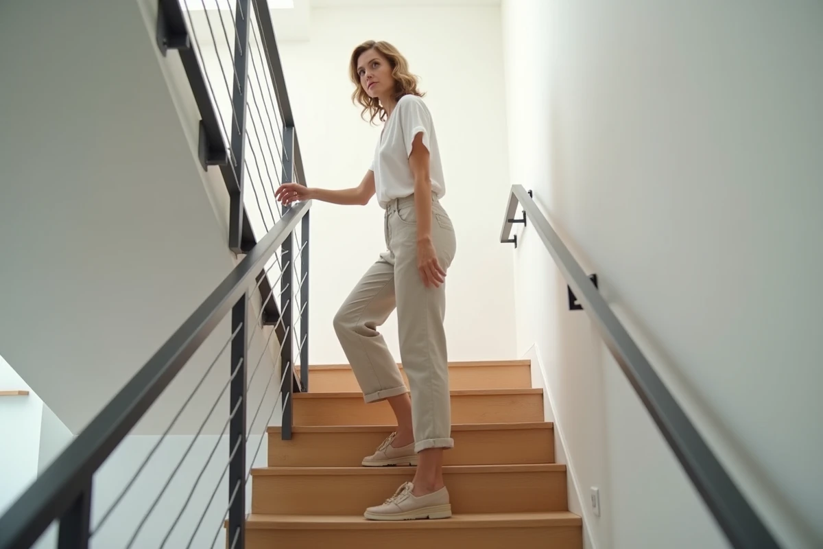 Escalier résidentiel moderne avec barreaux en aluminium laqué noir mat, femme descendant les marches en bois clair dans un intérieur contemporain