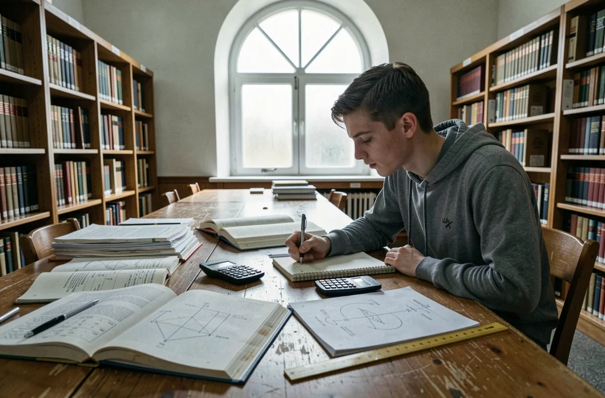 Étudiant en bibliothèque consultant des manuels de physique pour apprendre la conversion de litres en mètres cubes
