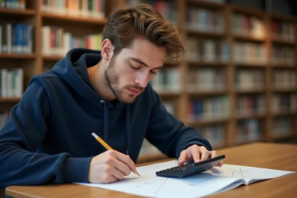 Étudiant utilisant une calculatrice scientifique pour calculer l'arcsin d'un triangle rectangle sur papier quadrillé
