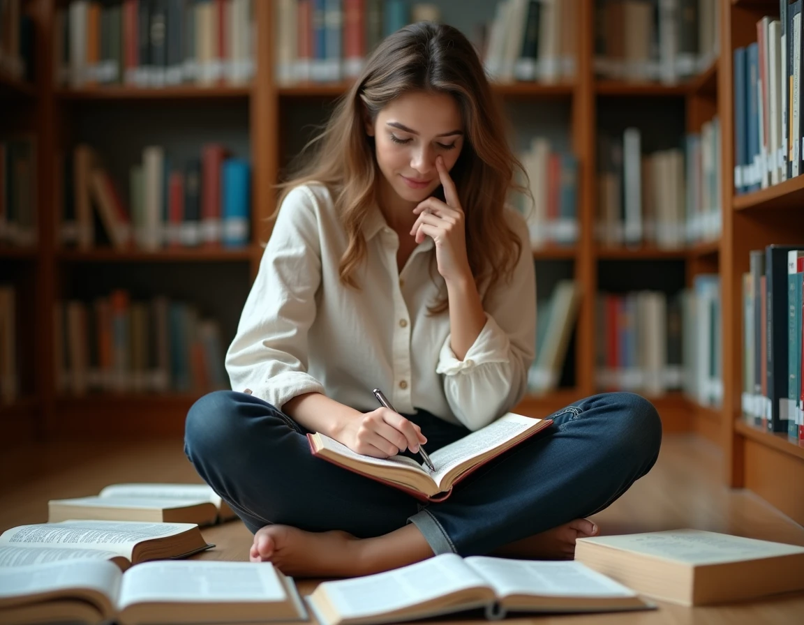 Jeune femme étudiant la grammaire française dans une bibliothèque entourée de livres et de notes manuscrites