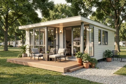Mobil-home moderne de qualité dans un parc résidentiel de loisirs entouré de verdure