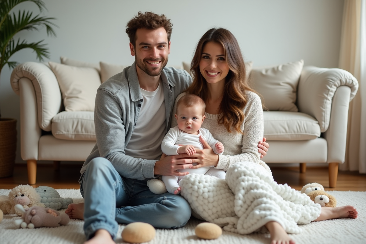 Famille avec bébé dans un salon cosy