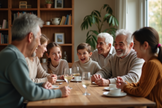 Famille multigenerationale réunie autour d'une table ensoleillée