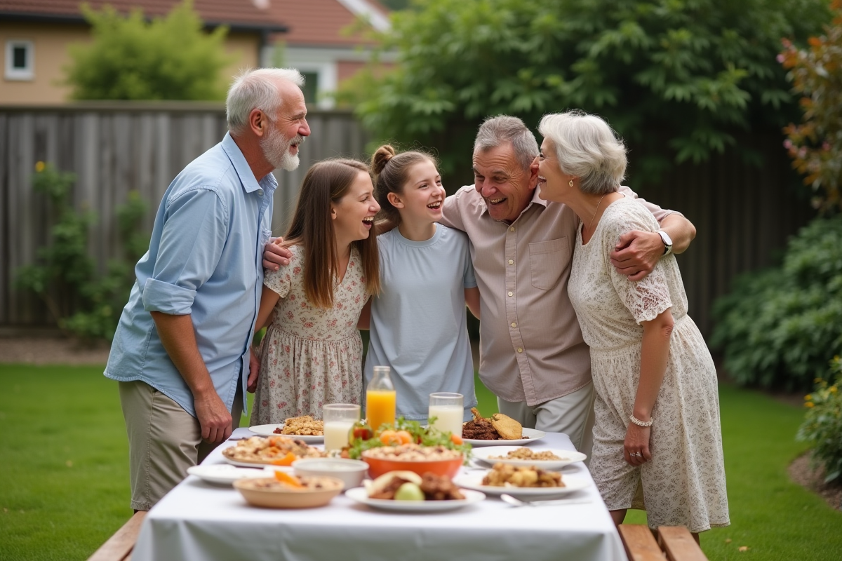 Trois générations en plein air partageant un repas dans le jardin