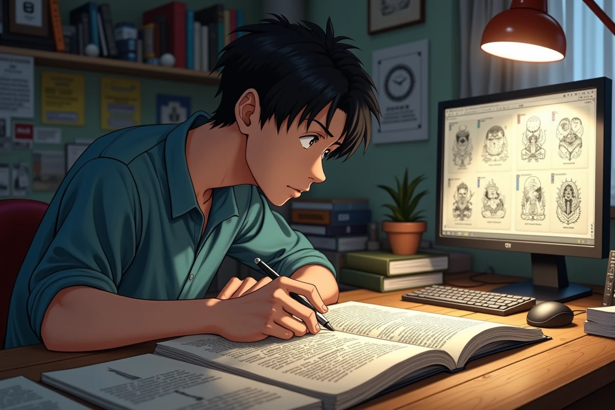 Fan de Fullmetal Alchemist Brotherhood analysant des théories sur Roy Mustang à son bureau entouré de mangas et de notes manuscrites