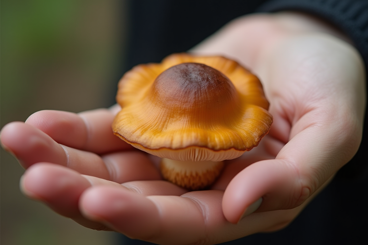 Champignon fausse chanterelle tenu dans la paume en gros plan