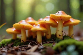Groupe de fausses chanterelles dans la foret humide en plein jour
