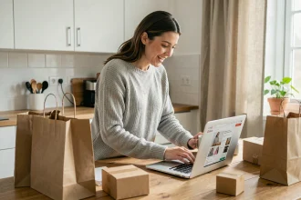 Femme faisant ses achats en ligne sur un ordinateur portable lors du Black Friday ou du Prime Day, entourée de sacs shopping dans une cuisine moderne