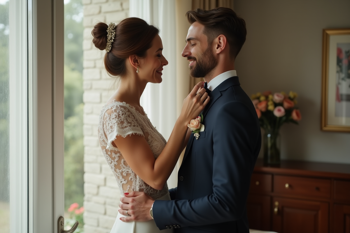 Femme souriante aide son partenaire avec la cravate