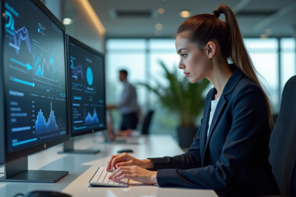 Jeune femme analysant des données sur un ordinateur en bureau moderne