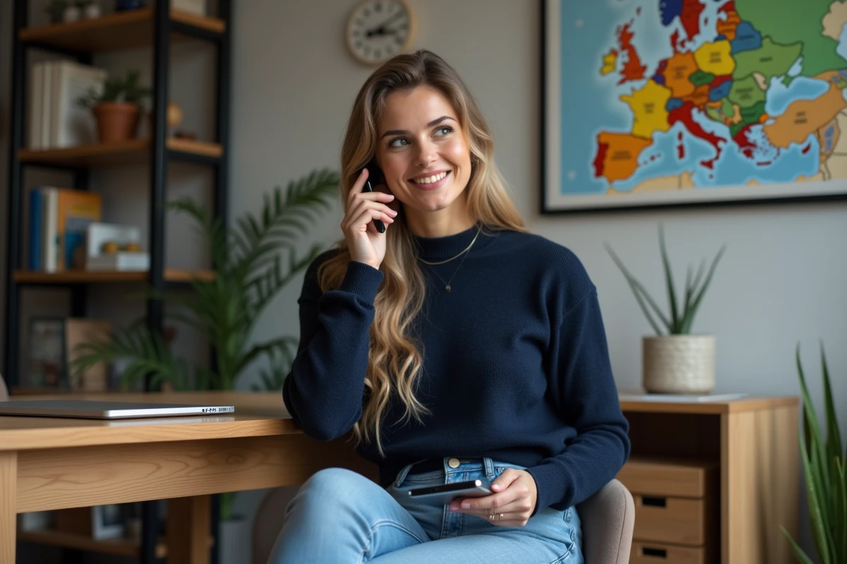 Femme au bureau en train de composer un numéro espagnol