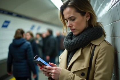 Femme consultant l'application RATP sur son smartphone lors d'une perturbation dans le métro parisien