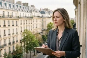 Femme en costume sur balcon parisien avec vue sur haussmannien